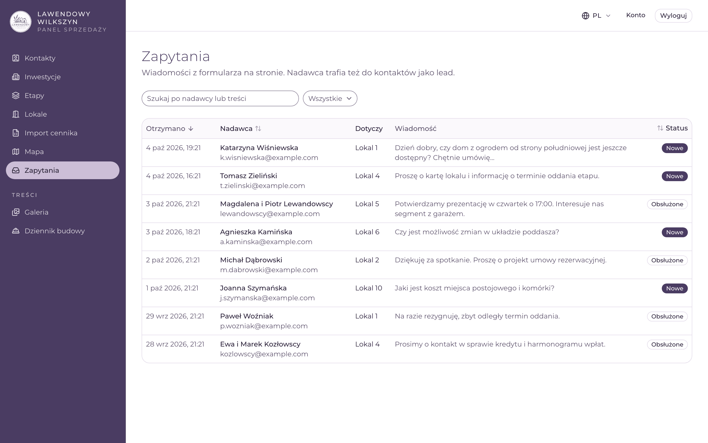 Lawendowy Wilkszyn — CRM: zapytania z formularza